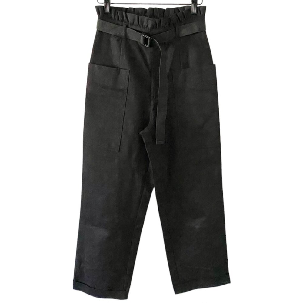 ZARA Black High Rise Belted Wide Leg Paperbag Twill Trousers Pants Size XS